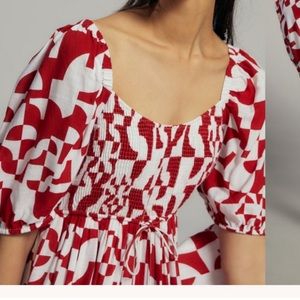 Anthropologie Geisha Designs Red and White Smocked Geo Mini Dress